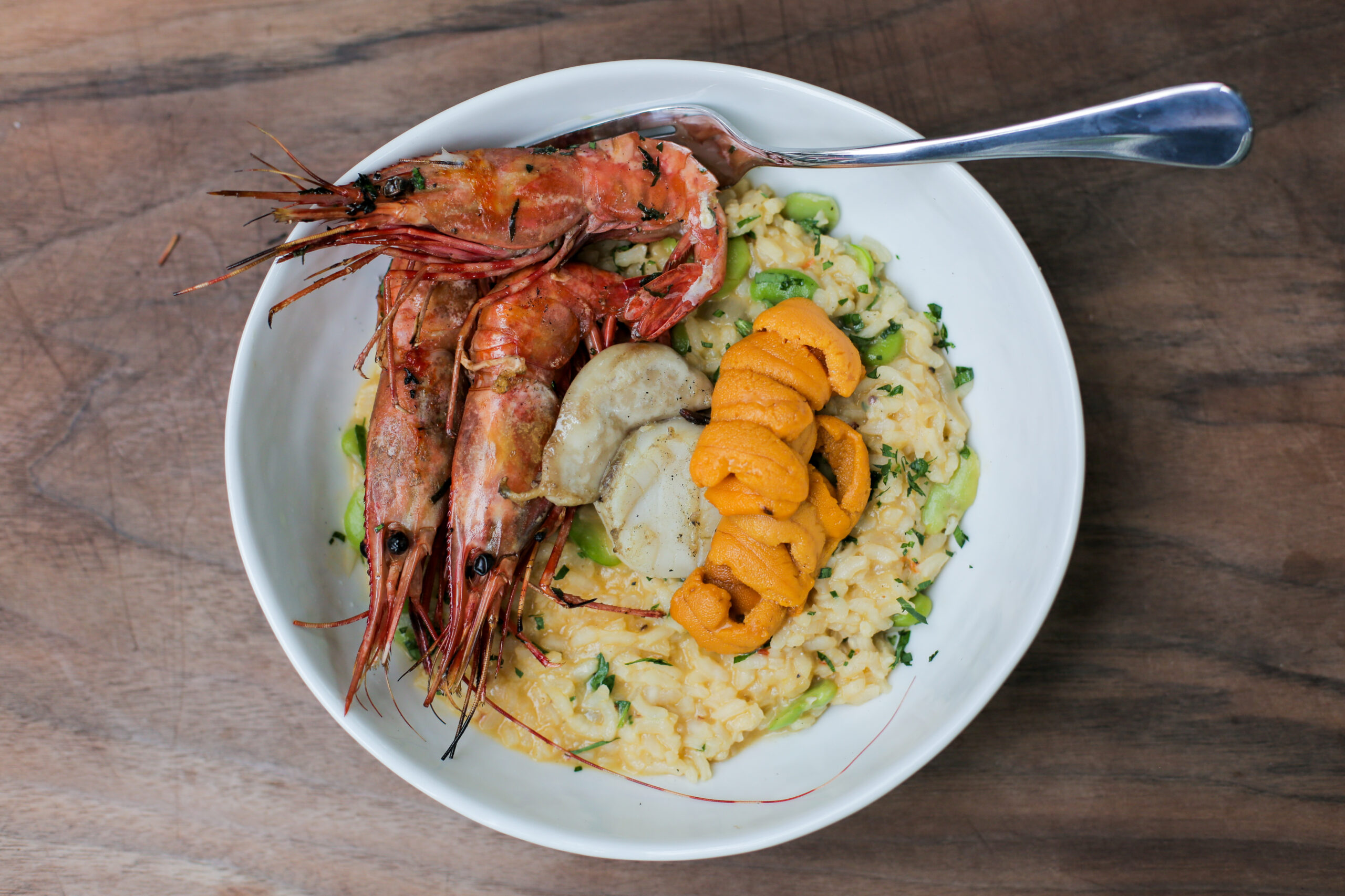 Grilled Scallop, Spot Prawn and Sea Urchin Risotto - Andrew Zimmern