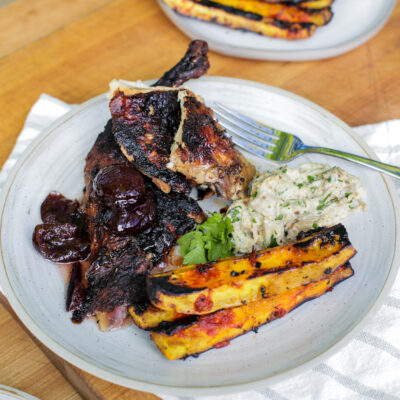 Slow Roasted Guinea Hen with Eggplant Salad and Delicata Squash