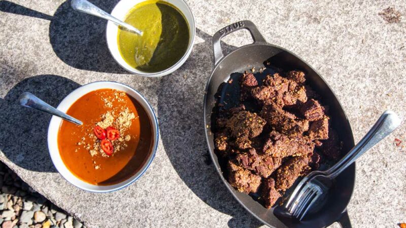 Spicy Fried Bison Bites Recipe with Tamarind and Hunan Peanut Sauce
