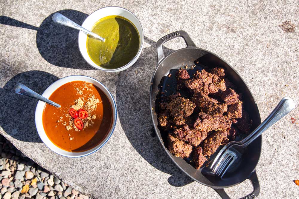 Spicy Fried Bison Bites Recipe with Tamarind and Hunan Peanut Sauce - Andrew Zimmern