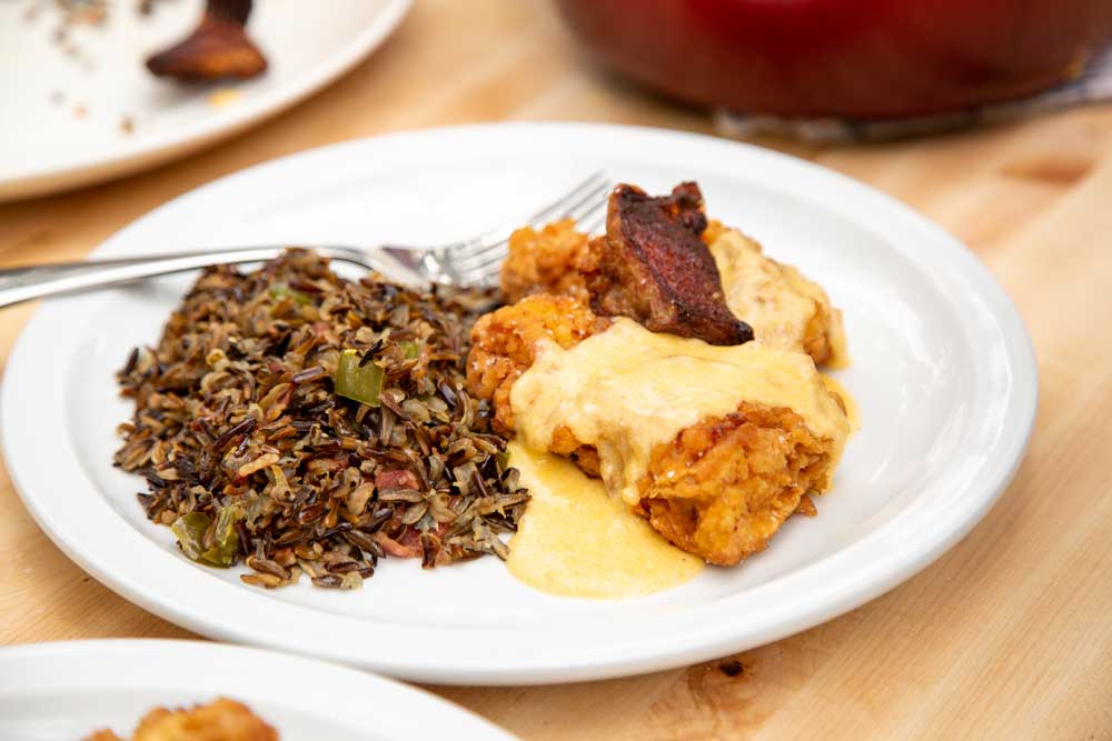 Pan-Fried Turkey with Jalapeño-Bacon Wild Rice and Cheese Sauce - Andrew Zimmern