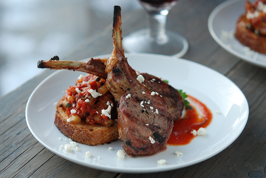 Grilled Lamb with Tomato Vinaigrette & Caponata - Andrew Zimmern