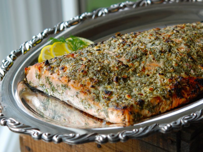 Andrew Zimmern's broiled salmon with blue cheese