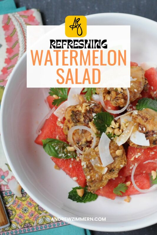 I love this cold, juicy watermelon salad topped with tart Vietnamese-inspired dressing, fragrant herbs and toasted coconut. It’s the contrast of texture and flavor that I can’t get enough of. 